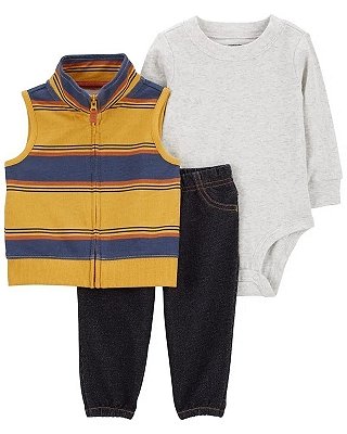 Conjunto Carter's - Colete, body e calça - Listrado/ Cinza