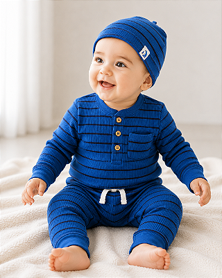 Conjunto Carter's - Camiseta, touca e calça - Listrado/ Azul