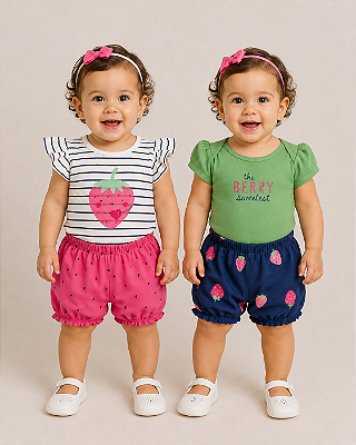 Conjunto Carter's - 1 Body, 1 camiseta e 2 shorts - Morangos