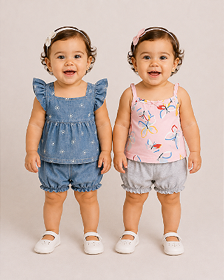 Conjunto Carter's - 1 Body, 1 camiseta e 2 shorts - Jeans/ Rosa