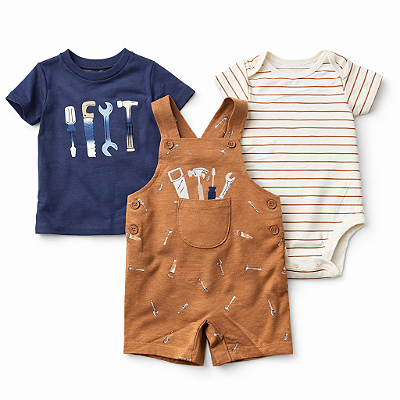 Conjunto 3 peças Pekkle - Jardineira, body e camiseta - Ferramentas