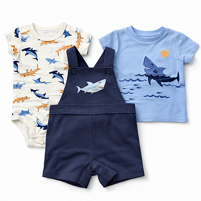 Conjunto 3 peças Pekkle - Jardineira, body e camiseta - Tubarão