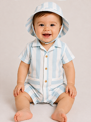 Conjunto Carter's - Romper e chapéu - Azul/ Branco