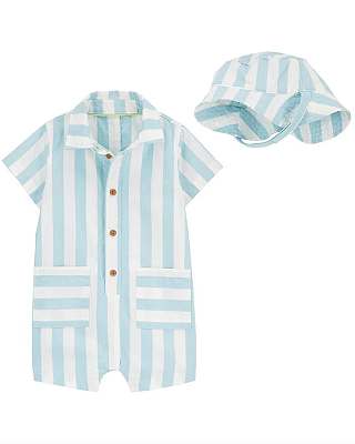 Conjunto Carter's - Romper e chapéu - Azul/ Branco