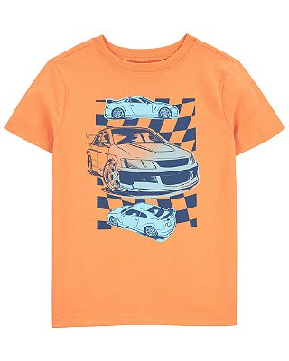 Camiseta Carter's, manga curta, em algodão - Carros/ Laranja