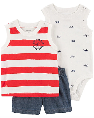 Conjunto Carter's - Camisa, body e short - Branco/ Vermelho