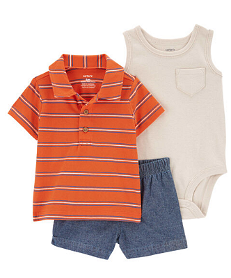 ​Conjunto Carter's - Camisa gola polo, body e short - Laranja/ Listrados