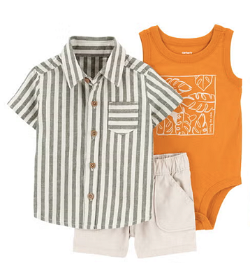Conjunto Carter's - Camisa, body e short - Bege/ Laranja/ Verde