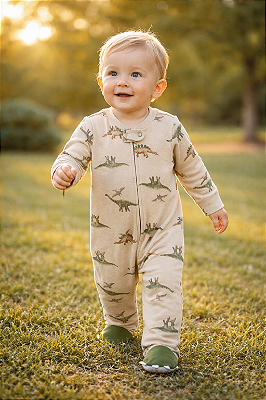 Pijama Carter’s Macacão Algodão com Zíper e Pezinhos – Dinossauro/Bege