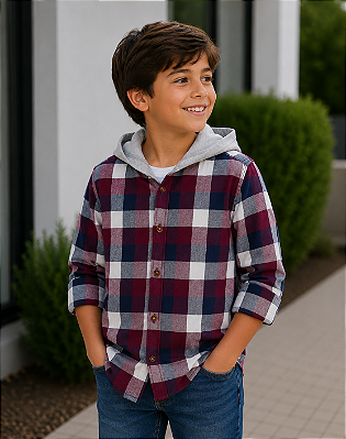 Camisa flanelada com capuz Carter's, manga longa - Xadrez/vermelho