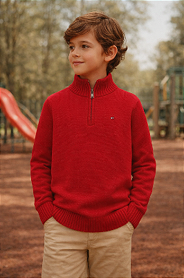 Suéter De Tricô Infantil, Tommy Hilfiger, Com Gola, Original - Vermelho