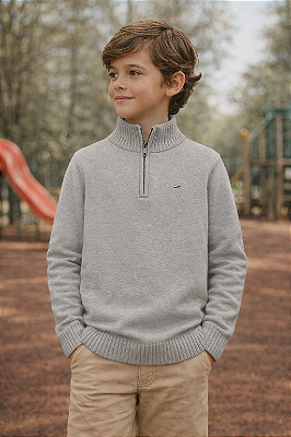 Suéter De Tricô Infantil, Tommy Hilfiger, Com Gola, Original - Cinza
