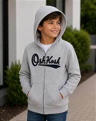 Moletom Infantil OshKosh Cinza com Capuz e Zíper – Leve e Confortável