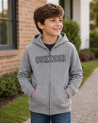 Moletom Infantil OshKosh Cinza com Capuz e Zíper – Leve e Confortável