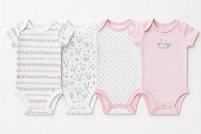 Kit de bodies com 4 unidades, Koalababy - Rosa/ Branco