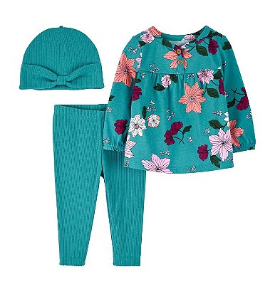 Conjunto Infantil Carter’s 3 Peças – Blusa Floral + Legging + Gorro