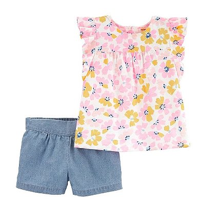 Conjunto Infantil Carter’s 2 Peças – Blusa Floral + Short Jeans Leve