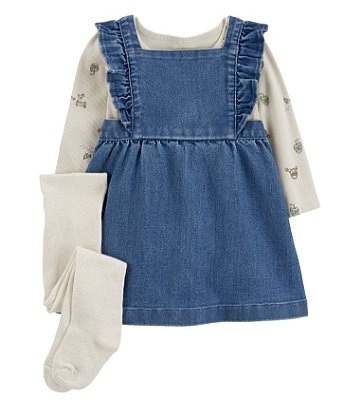 Conjunto Carter’s 3 Peças – Vestido Jeans + Blusa de Manga Longa + Meia-Calça