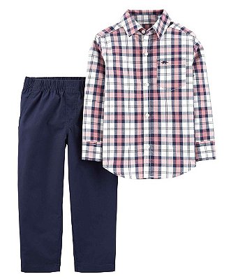 Conjunto Carter’s Infantil 2 Peças – Camisa Xadrez Manga Longa + Calça Azul