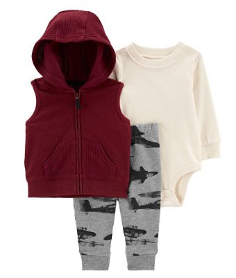 Conjunto Carter’s 3 Peças – Body + Colete com Capuz + Calça Estampada