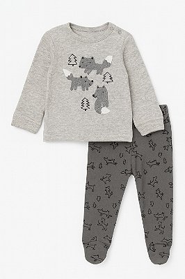 Conjunto Just Born 2 Peças – Blusa Cinza com Bordado Raposinhas + Calça Pé Reversível