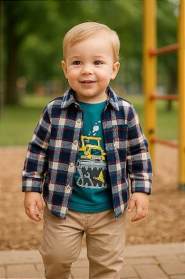 Conjunto Infantil Carter’s 3 Peças – Camisa Xadrez, Camiseta Escavadeira e Calça Caqui