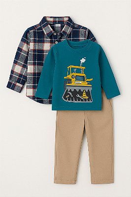 Conjunto Infantil Carter’s 3 Peças – Camisa Xadrez, Camiseta Escavadeira e Calça Caqui