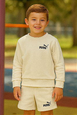 Conjunto Infantil Puma de Moletom Bege – Blusa e Bermuda