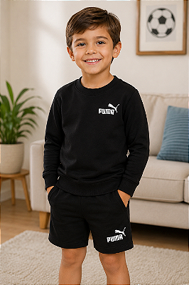 Conjunto Infantil Puma de Moletom Preto – Blusa e Bermuda