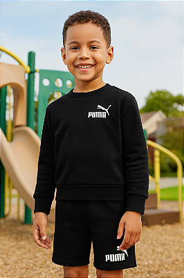 Conjunto Infantil Puma de Moletom Preto – Blusa e Bermuda