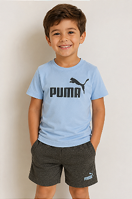 Conjunto Puma Infantil Camiseta Azul + Shorts Grafite
