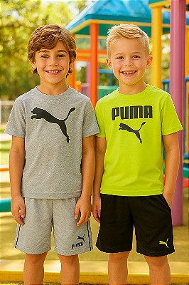 Conjunto Infantil Puma 2 Camisetas + 2 Bermudas – Cinza, Preto e Verde Neon