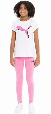 Conjunto Puma Infantil Feminino – Camiseta Branca Logo Rosa + Calça Legging Rosa