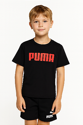 Camiseta Puma Preta Logo Vermelho Infantil