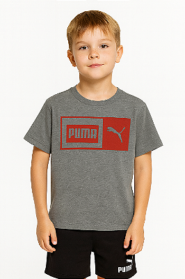 Camiseta Puma Cinza Logo Vermelho Infantil