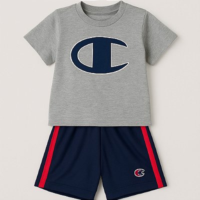 Conjunto Champion Infantil – Camiseta Cinza Logo e Bermuda Azul com Faixa Vermelha