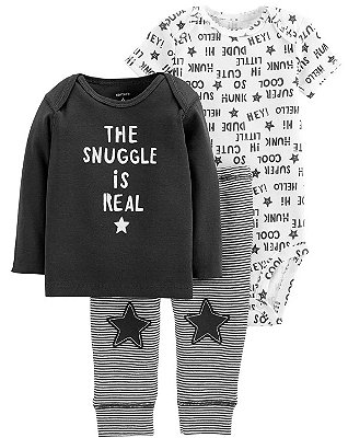 Conjunto 3 Peças Carter’s Infantil – Body, Blusa Manga Longa e Calça Estampada