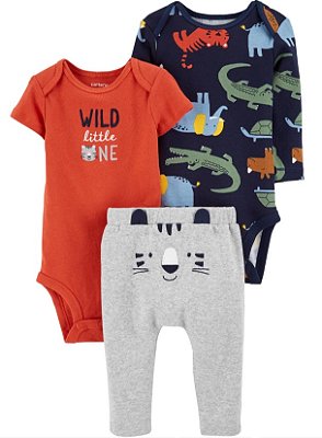 Conjunto Carter’s 3 Peças – Body Manga Curta + Body Manga Longa + Calça com Estampa Animal