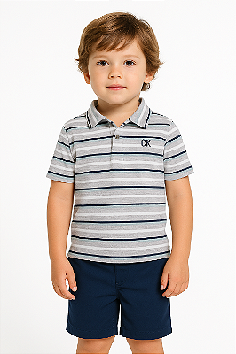 Conjunto Infantil Calvin Klein Polo Listrada + Bermuda Azul