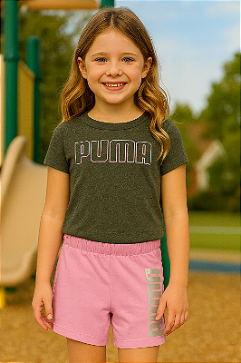 Conjunto Infantil Puma Feminino – Camiseta Cinza e Short Rosa