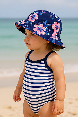 Chapéu Infantil Dupla Face Carter’s – Floral Azul Marinho e Listrado Branco