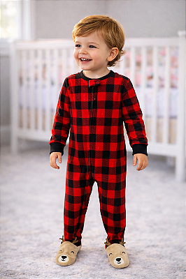Pijama/Macacão de inverno Carter's (Plush/ Fleece), com pezinho decorado - Xadrez