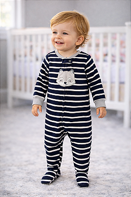 Pijama/Macacão de inverno Carter's (Plush/ Fleece) - Listrado/ Azul marinho