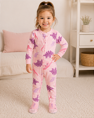 Pijama Macacão Carter's DreamPlush Com Pé Antiderrapante Original - Dinossauro/ Rosa