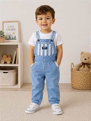 Jardineira OshKosh Infantil Menino Original Verde Água Algodão - Jeans/ Listras