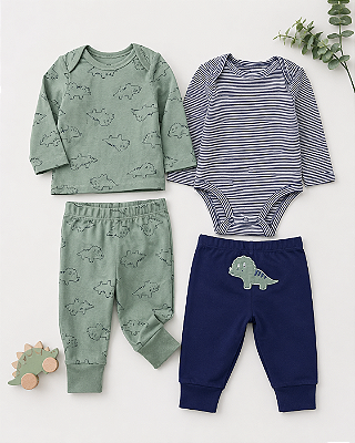 Kit Carter's Bebê Menino 4 Peças Body Calça E Camiseta - Dinossauro