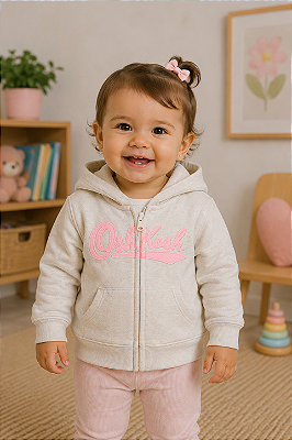 Moletom OshKosh Flanelado, com zíper - Creme/ Rosa