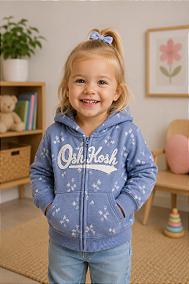 Moletom OshKosh Flanelado, com zíper - Azul/ Branco