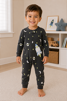 Pijama Macacão Carter’s em Fleece, com Zíper e Sem Pezinhos – Grafite/ Foguete