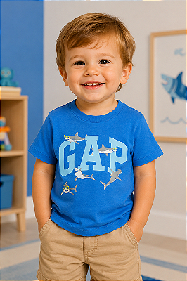 Camiseta Gap, manga curta, em algodão - Tubarões